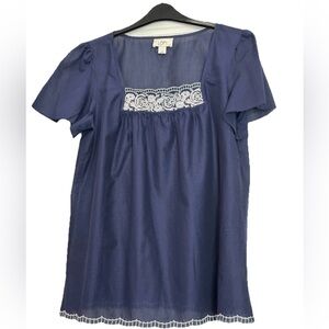 Loft Embroidered Romantic Summer 100% Cotton Navy Short Sleeve Top Size Medium